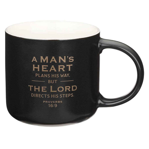 A Man's Heart Black Ceramic Coffee Mug - Proverbs 16:9